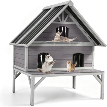 Extra Large 2-Tier Wooden Outdoor Cat House Weatherproof with Sun Balcony & 3 Escape Doors, Solid Wood Feral Cat