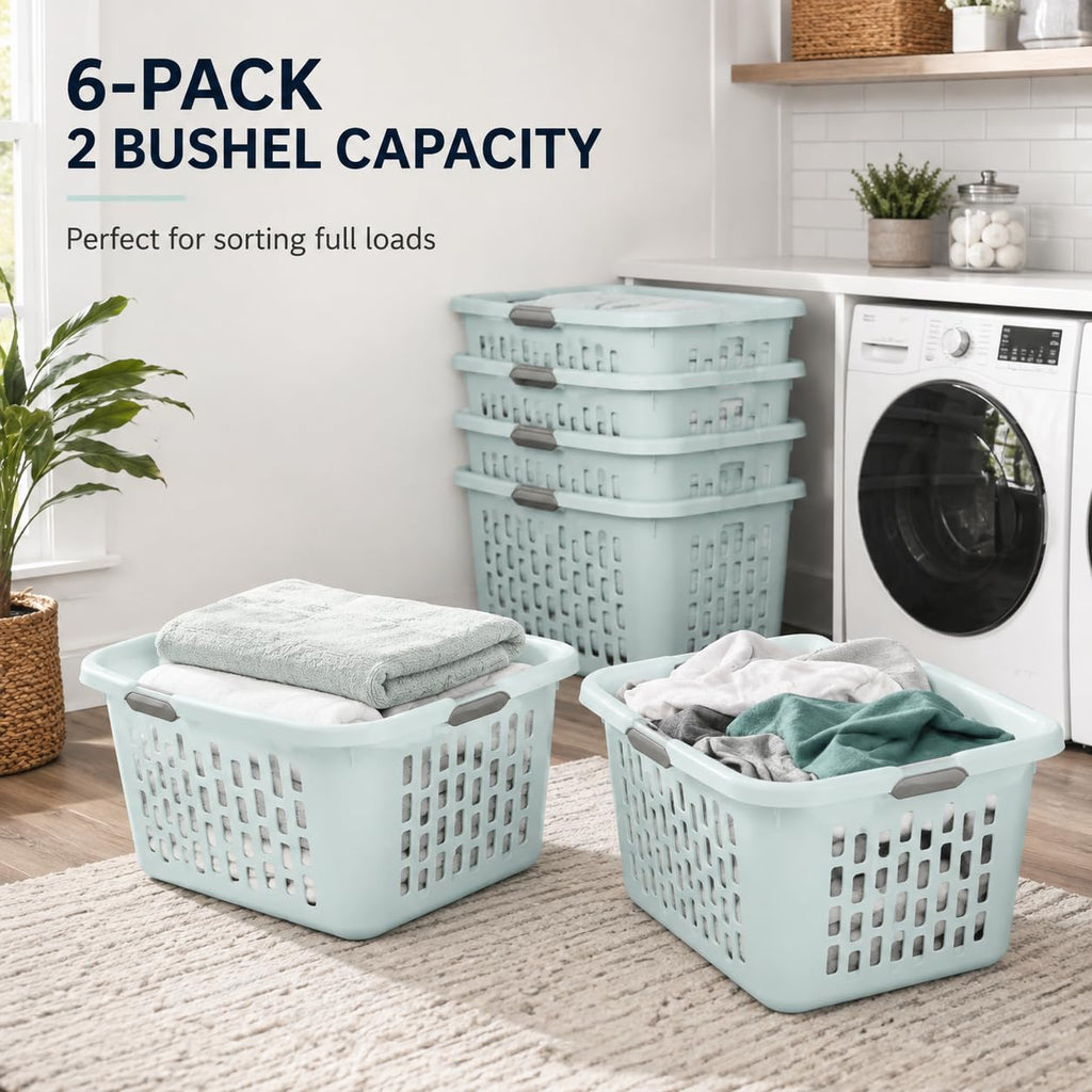 Laundry Basket 2 Bushel Plastic with 4 Handles 6 Pack Mint