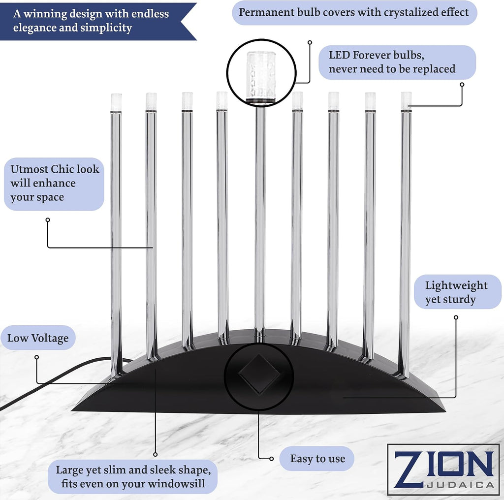 Zion Judaica Large LED Electric Hanukkah - New Classic Black & Silver Arch Style Hanukkiah 14" Wide x 12.5" Tall