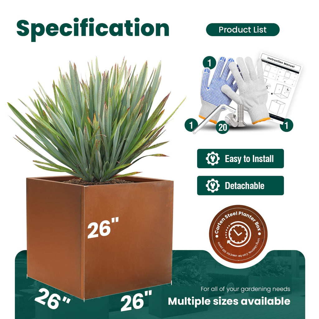 Corten Steel Planter Box 26 Inch, Metal Square Planters