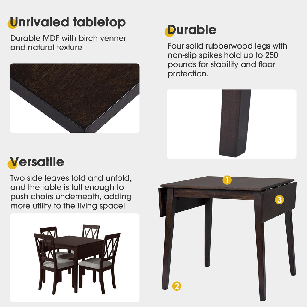 5-Piece Wood Drop Leaf Dining Table Set with 4 X-Back Chairs, Space-Saving Breakfast Nook Dining Set, Espresso + Grey
