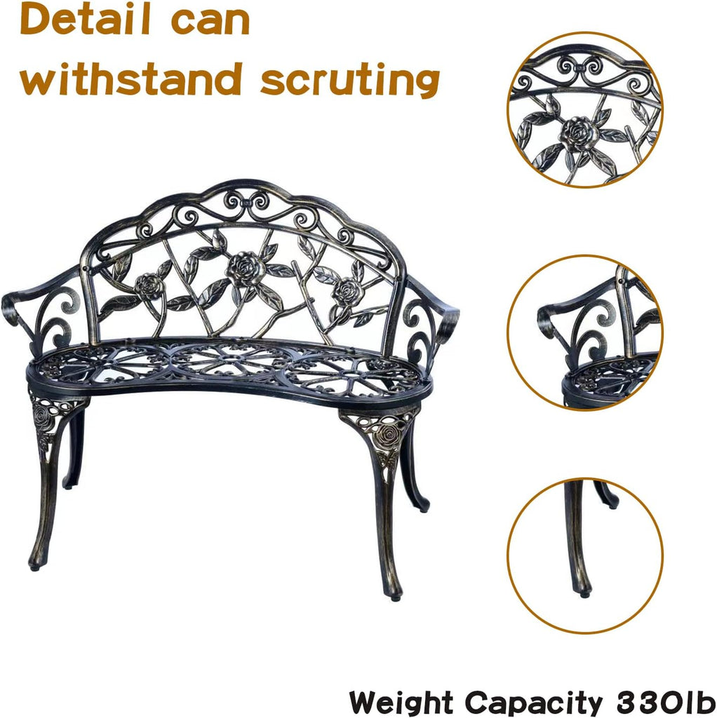 Patio Garden Bench Metal Park Bench Cast Aluminum Outdoor Furniture with Floral Rose ,Park,Lawn,Yard (Copper)