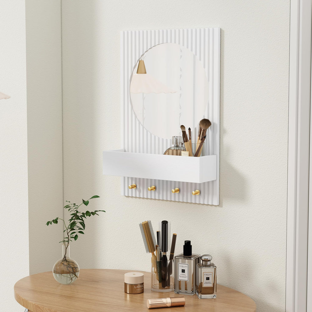 Wood Wall Mirror with Shelf&Hooks, 24"x16" White Wall-Mounted Mirrors with Streamlined Texture Hanging Decorative