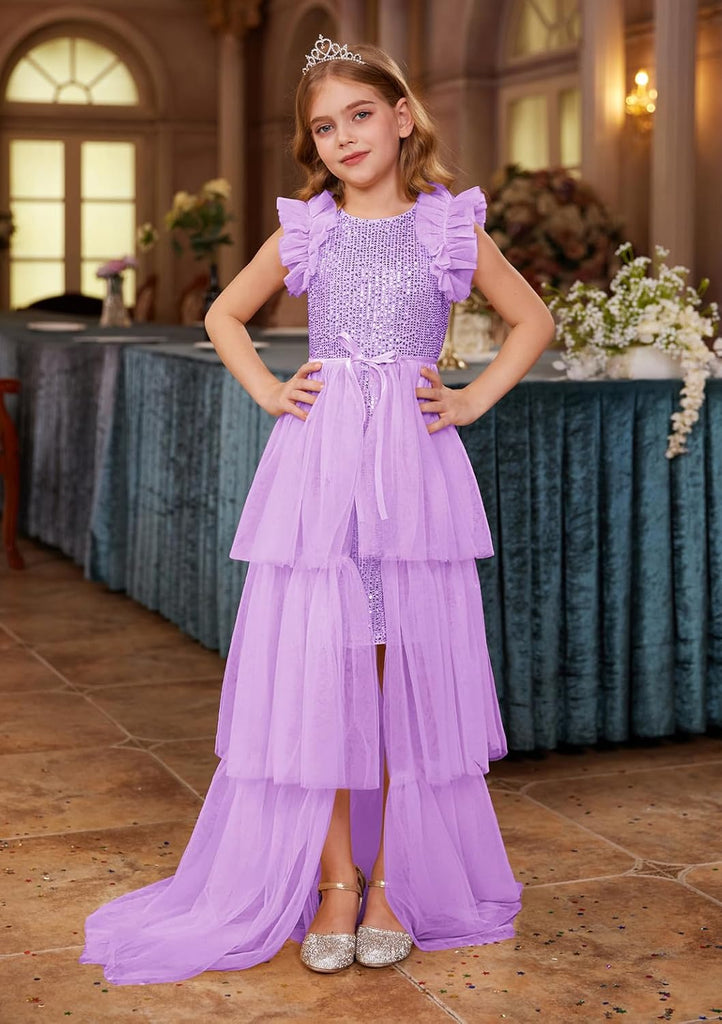 Girls Sequin Formal Pageant Fancy Party Ruffle Prom Maxi Dress
