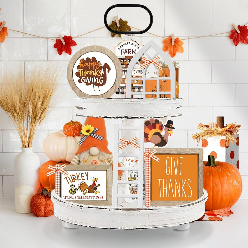 10themes Interchangeable Seasonal Rustic Farmhouse Fall Tiered Tray Decor