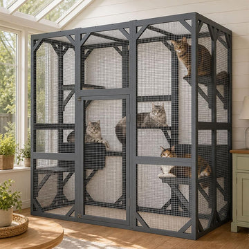 71 Inch Catio Outdoor Cat Enclosure, Wooden Walk-in Cat House with Waterproof Polycarbonate Roof, Wire Mesh Panels