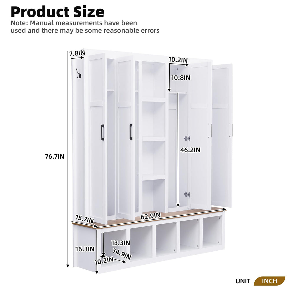 Modern Farmhouse Hall Tree with Bench, 4-in-1 Entryway Storage Cabinet & Shoe Organizer with Hooks, White