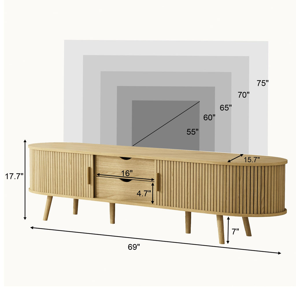 69" Fluted TV Stand, Mid Century Modern TV Stand Fits TVs Up to 75", Wood Entertainment Center, Farmhouse TV and