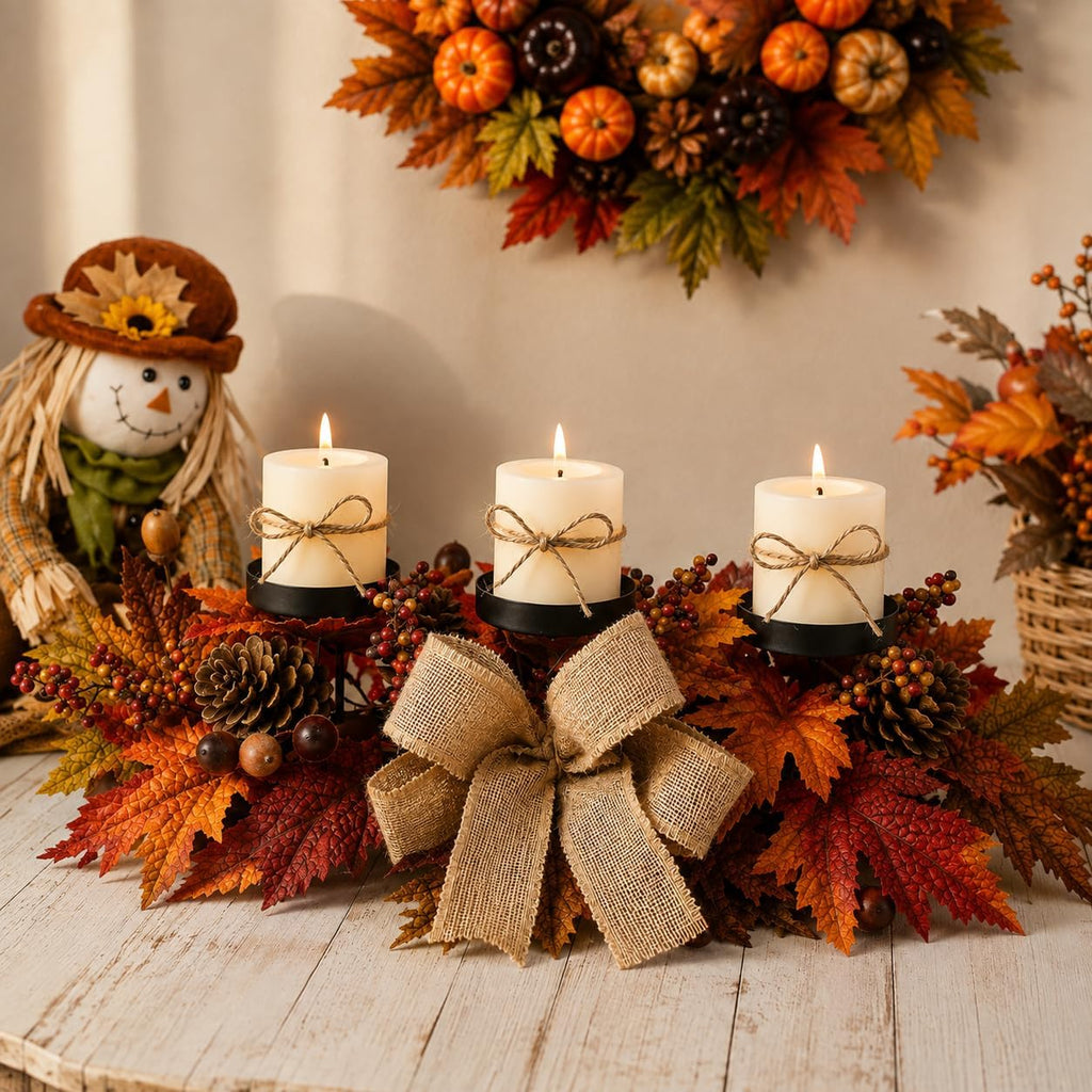 Fall Candle Holder Centerpiece with Maple Leaves, Pinecones, Berries & Burlap Bow,Thanksgiving Table Centerpiece