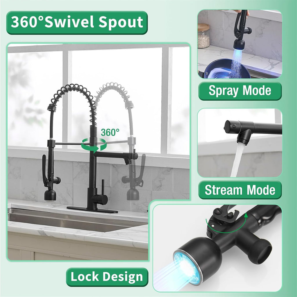 LED Commercial Kitchen Faucets with Pull Down Sprayer Matte Black | Single Handle Faucet Sink, Kitchen Faucet with