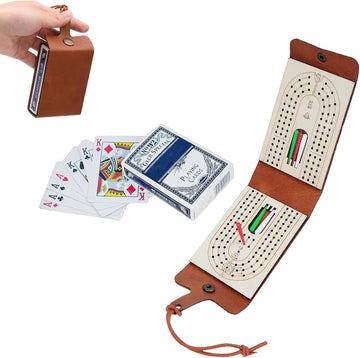 Travel Cribbage Board Game Set, with 6 Pags and 1 Playing Cards,Leather-Wood 3-Track Cribbage Board with Cards & Pegs