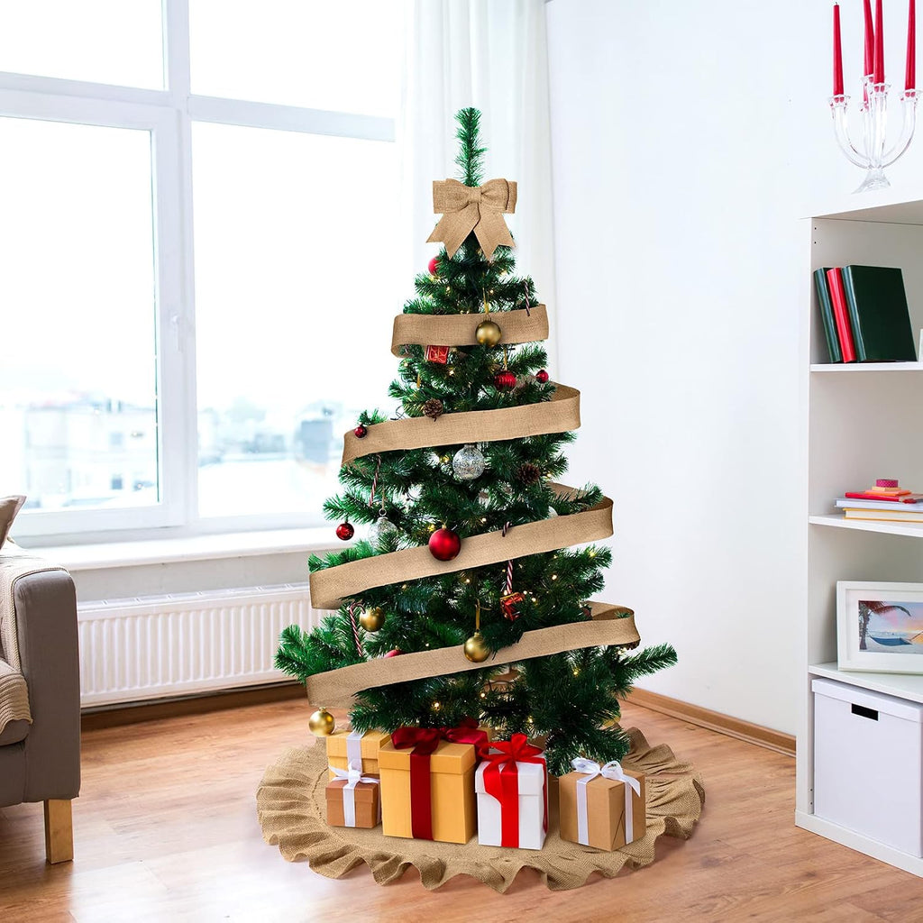 47 Inch Christmas Tree Skirt Decor with Ribbon, Linen Color