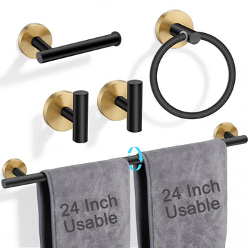5-Piece Black Gold Bathroom Hardware Set, Stainless Steel Wall Mounted Bathroom Accessories, 24 Inch Towel