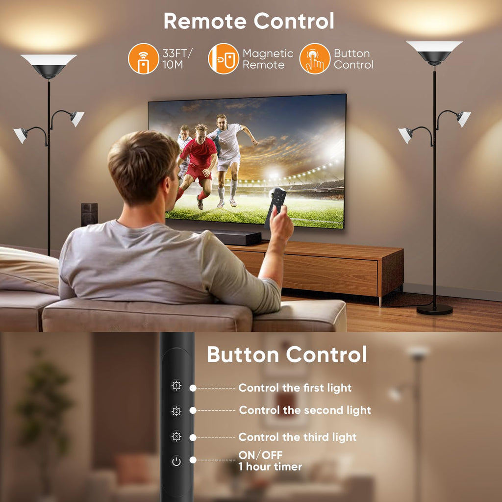 42W 3-in-1 Torchiere Floor Lamp - Dimmable Standing Lamp with Remote/Button Control, 4 Color Temperatures, Bright