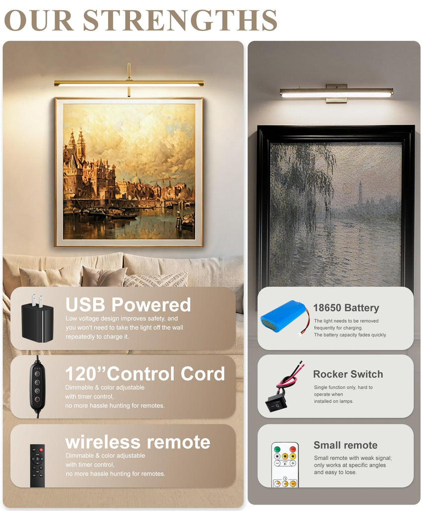 Plug in Picture Light for Wall, Modern Dimmable Picture Frame Lights with Remote LED Wall Art Lights for Paintings