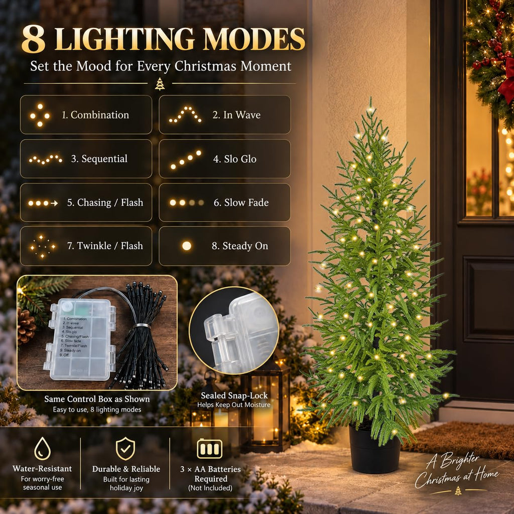 4FT Lighted Artificial Norfolk Pine Christmas Tree for Outdoor Indoor, Real Touch Faux Cedar Tree with Pot, Potted Fake