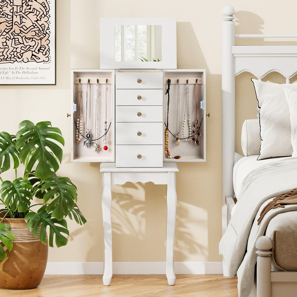 Standing Jewelry Cabinet Armoire with Top Flip Mirror, Jewelry Box Chest with 4 Drawers, Top Compartments, 8 Necklace