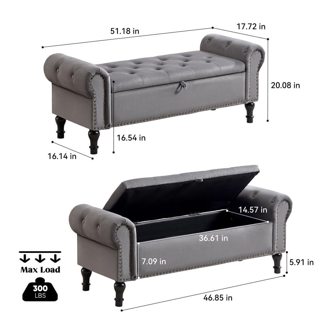 51" Storage Bench, Velvet End of Bed Bench, Queen Size Bench with Rolled Arms, Tufted Storage Ottoman Benches
