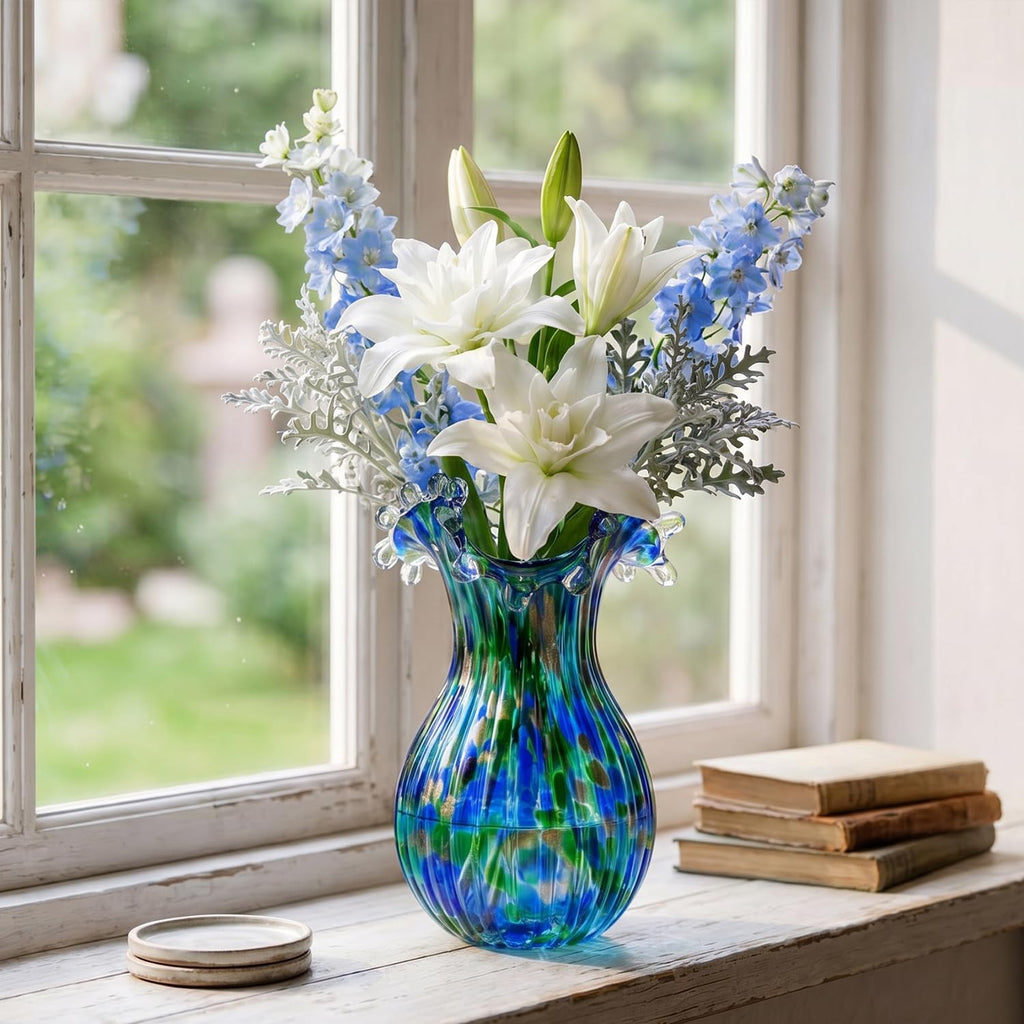 Hand Blown Glass Vase for Flowers, 9 Inch Blue Green Flower Vase