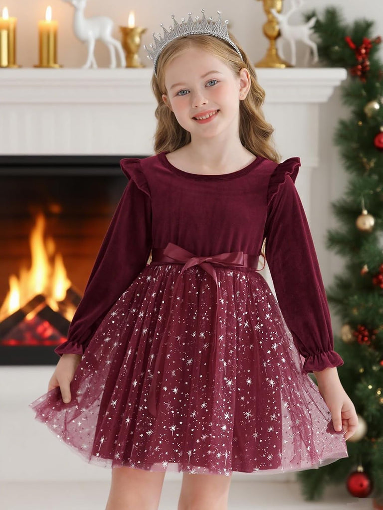 Toddler Girls Tutu Dresses Velvet Tulle Dress with Sequin Long Sleeve Holiday Party Fall Winter Dress
