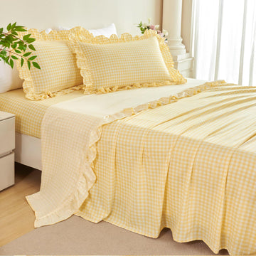 3Pcs Yellow Plaid Ruffled Bed Sheet Set with 1 Pillowcase