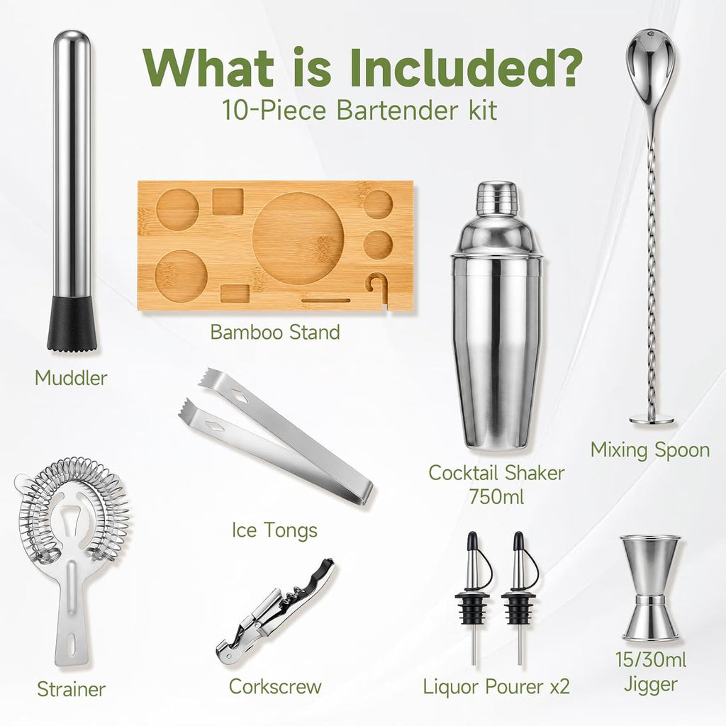 Stainless Steel Cocktail Shaker Set Bartender Kit with Stand - Set of 10