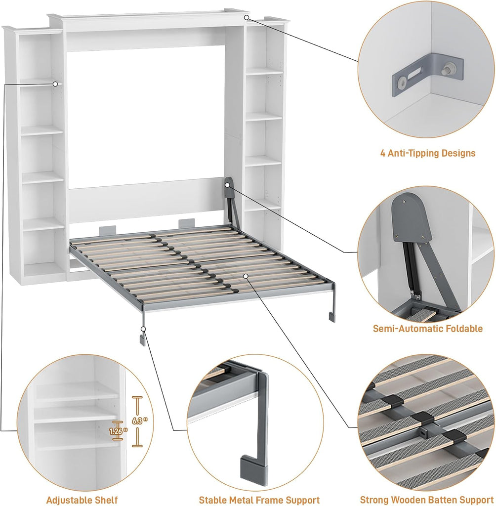 Queen Murphy Bed Cabinet with 5-Tier Adjustable Storage Shelves, Wood Queen Wall Bed Cabinet Bed, Space Saving Beds