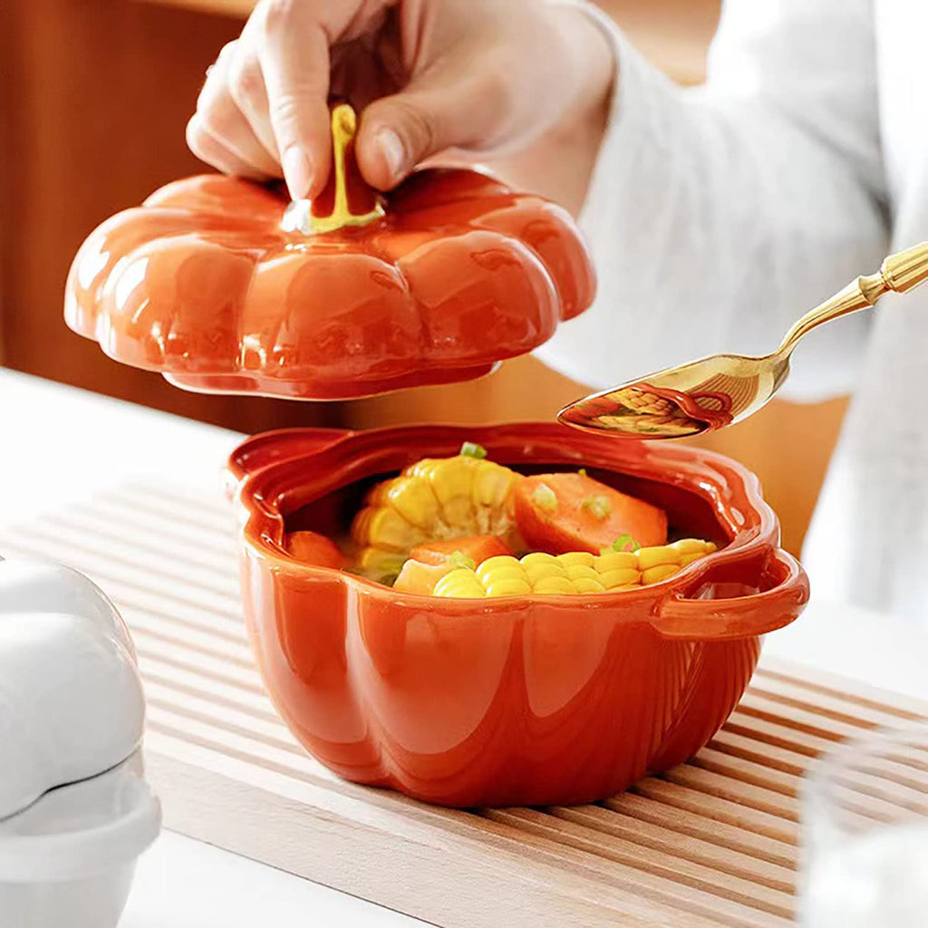 Pumpkin Bowl Set with Lid and Handle, Set of 2 Ceramic Ramekins for Baking, Casserole Dish Individual Severing Pot