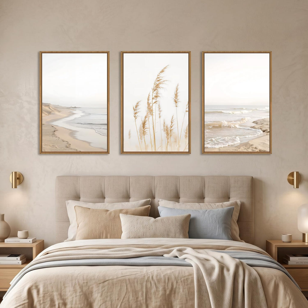 Modern Beach Waves Framed Wall Art Set, Seaside Reed Pathway Wall Decor, Minimalist Neutral Coastal Landscape