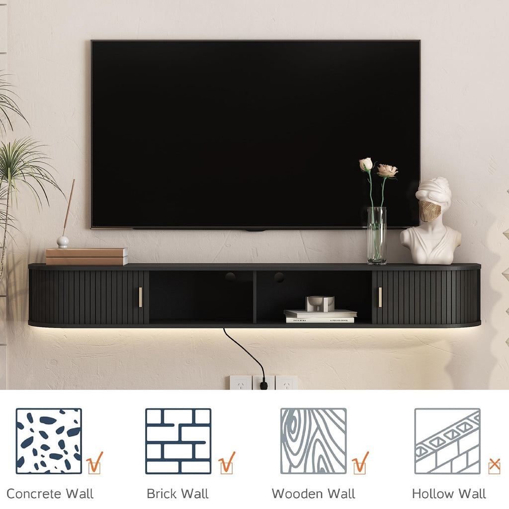 68.9" Floating TV Stand with LED & Outlet, Fluted Wall Mounted TV Shelf, TV Cabinet Black