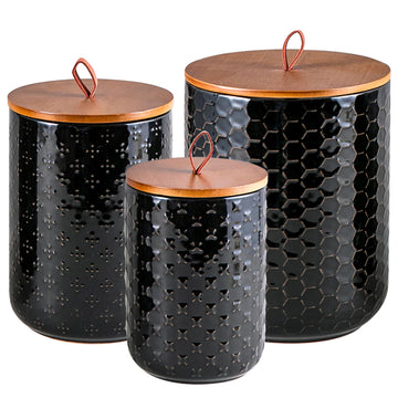 Black Embossed Ceramic Canister 3 Piece with Airtight Bamboo Lid