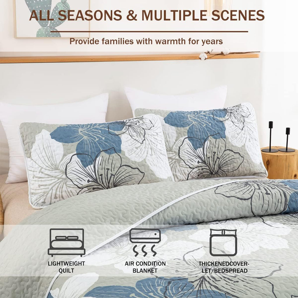 3 Pieces Quilt Set Queen Floral Pattern Coverlet Elegant Boho Bedspread with 2 Pillow Shams Lightweight Microfiber