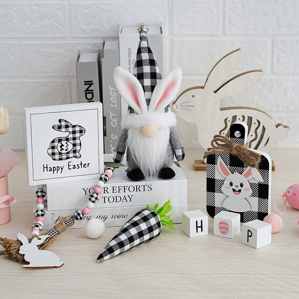 Easter Tiered Tray Decorations Spring Easter Bunny Gnome Decor, Buffalo Plaid Easter Gnome Plush Black Check - Set of 8