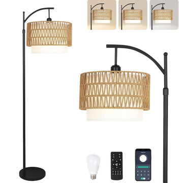 Arc Floor Lamp Boho Floor Lamps with Remote Control & with 3 Color Temperatures,Rattan Wicker Standing Lamp Dimmable