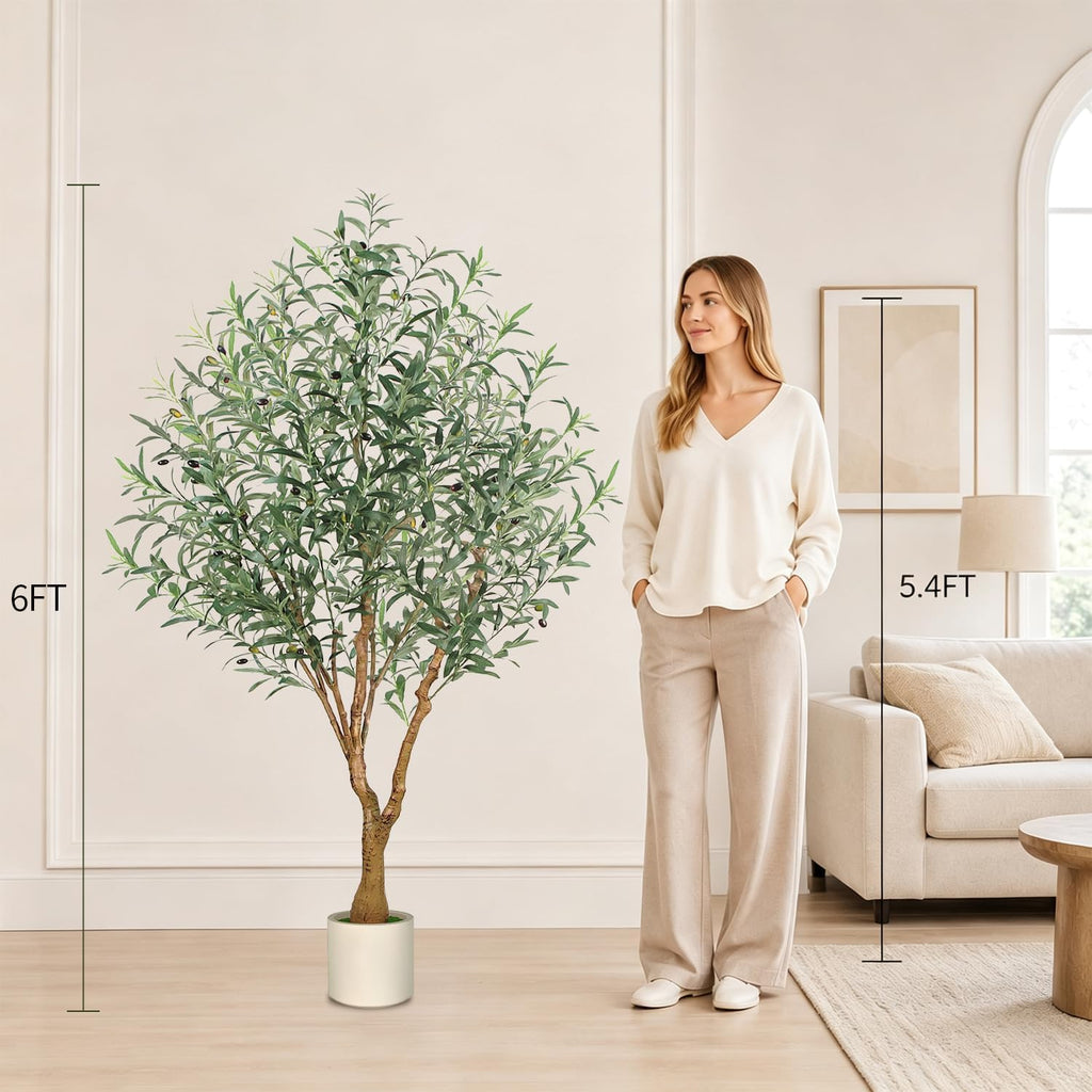 Olive Trees Artificial Indoor, 6FT Faux Olive Tree with White Tall Planter, Full Lush Artificial Plants with Large