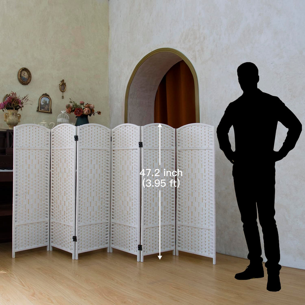 Compact 6 Panel Short Room Divider, 47.2 Inch Tall Double-Sided Rattan Folding Privacy Screen, White