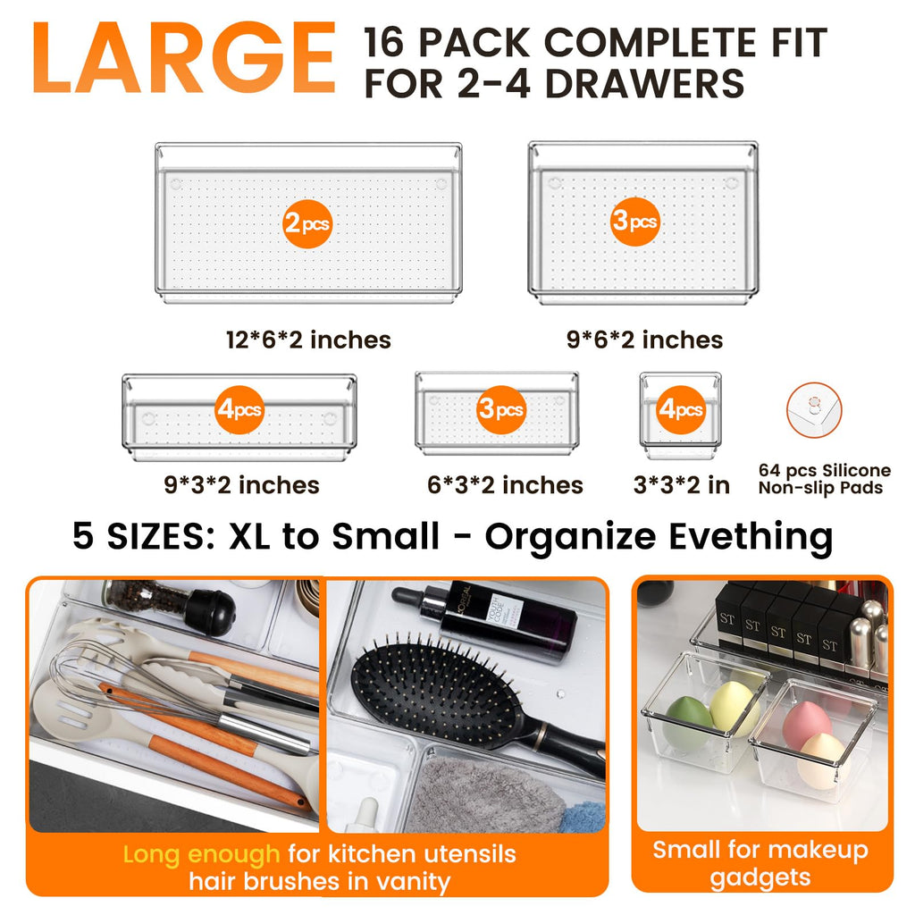 16 Pack Large Clear Plastic Drawer Organizer Bins - 5 Size Acrylic Bathroom and Vanity Organizers and Storage Trays