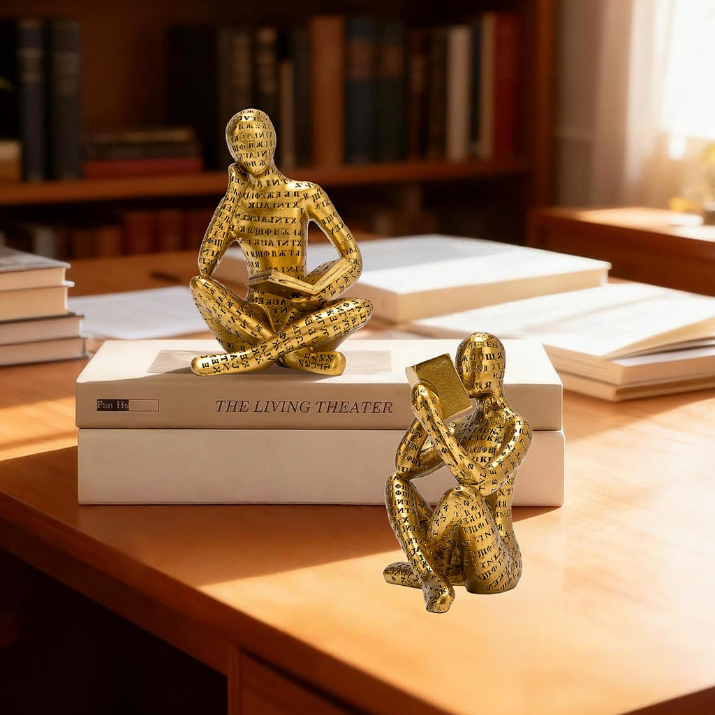 Antique Gold Reading Thinker Statue, Set of 2 Abstract Art Sculptures