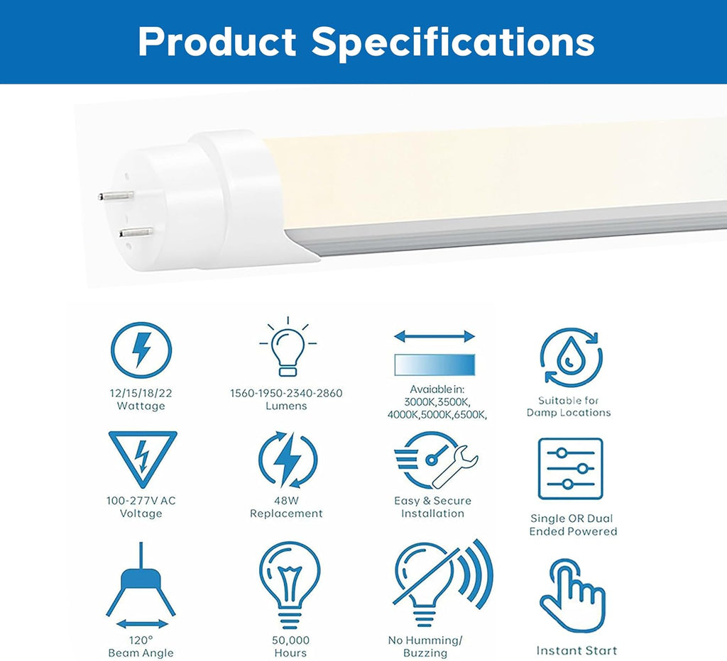 4 PACK 4FT T8 LED Tube Light, hybrid type a+b 12W/15W/18W/22W, 3000K |3500K|4000K|5000K|6500K, Single and Double End