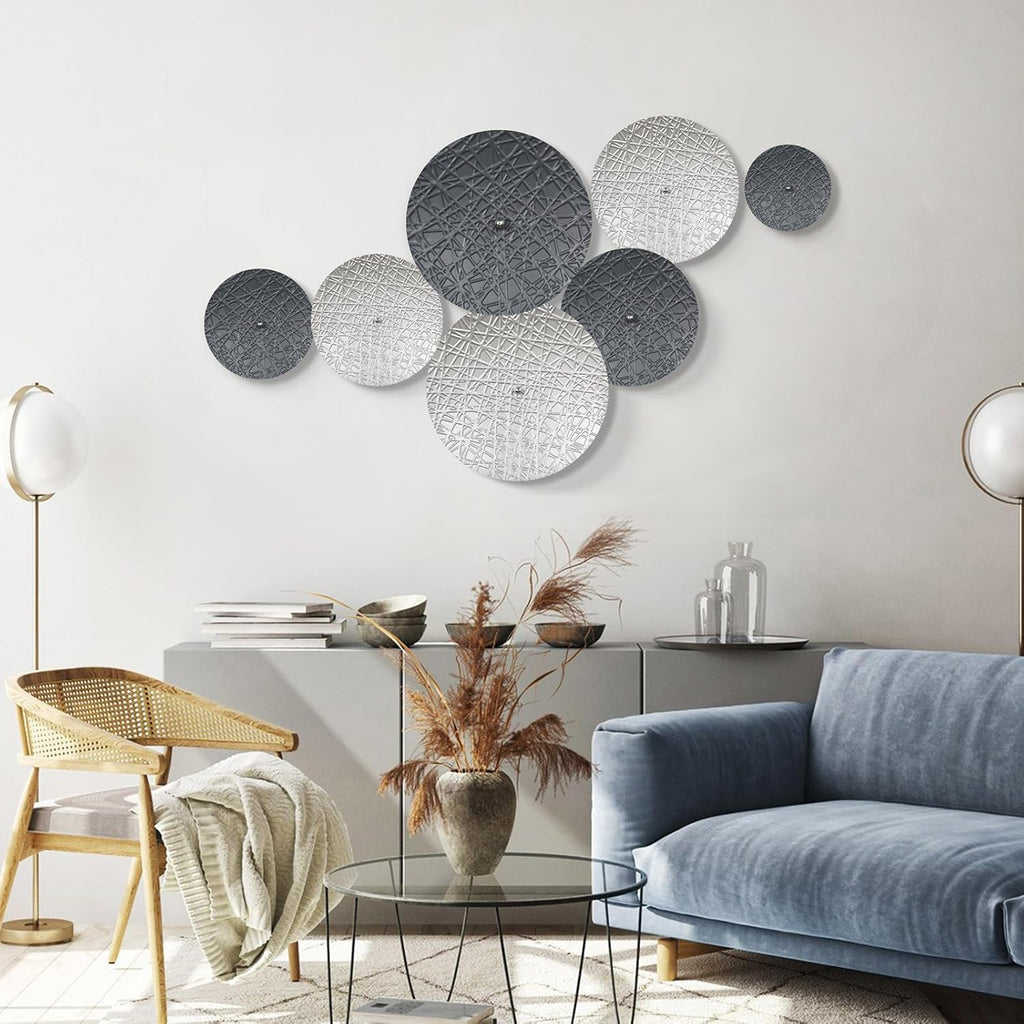 Silver and Gray Metal Wall Art Decor for Modern Living Room Hallway - Set of 7