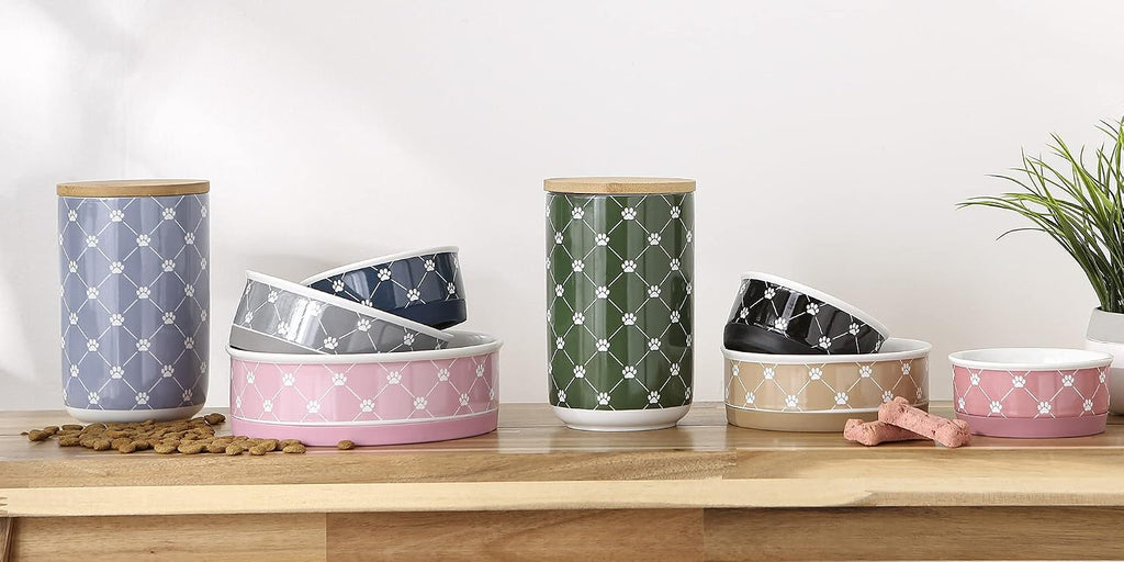 Trellis Paw Print Pet Treat Canister with Bamboo Lid Dog & Cat Treat Jar for Countertop Storage, Keep Training Bones