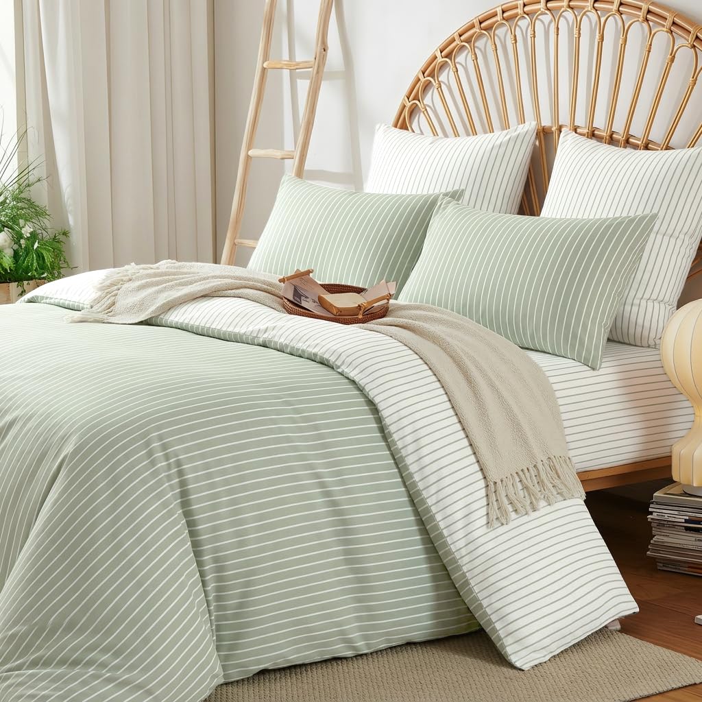 Striped Comforter Set Reversible Green White Stripe Bedding