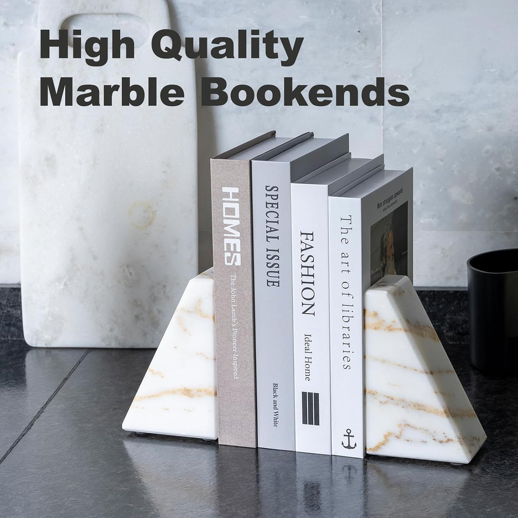 Marble Bookends for Heavy Books, Calacatta Decorative Book Ends for Shelves, Unique and Heavy Bookends for Hardback