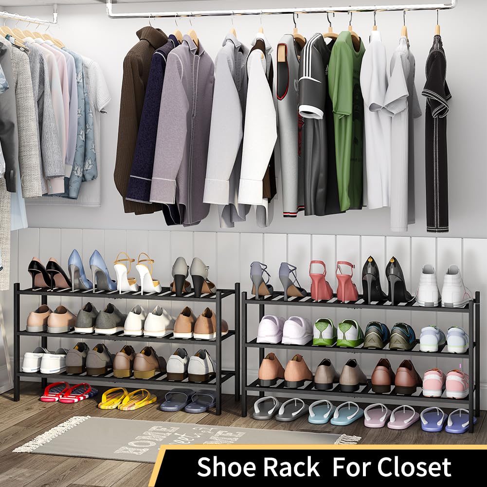 Long Shoe Rack, Bamboo Stackable Shoe Shelf Storage Organizer, Shoe Stand for Closet, Entryway and Hallway (Black