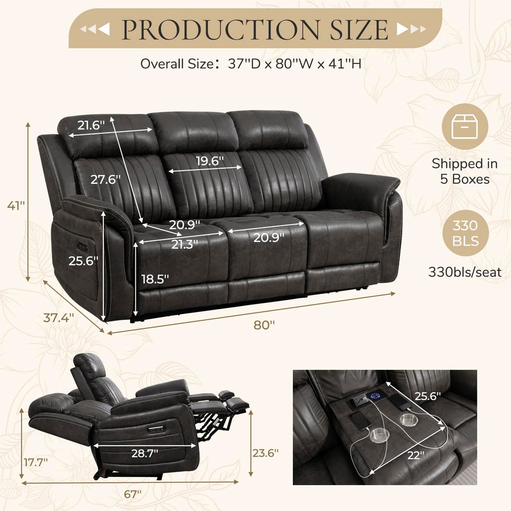 Zero Gravity Power Reclining Sofa with Adjustable Headrest, Electric Reclining Couch with USB & Type-C Ports, Power