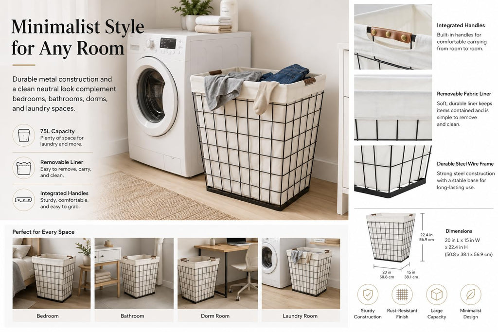 Steel Wire Laundry Hamper with Removable Cotton Blend Liner, 75L Rectangular Laundry Basket Ideal for Laundry