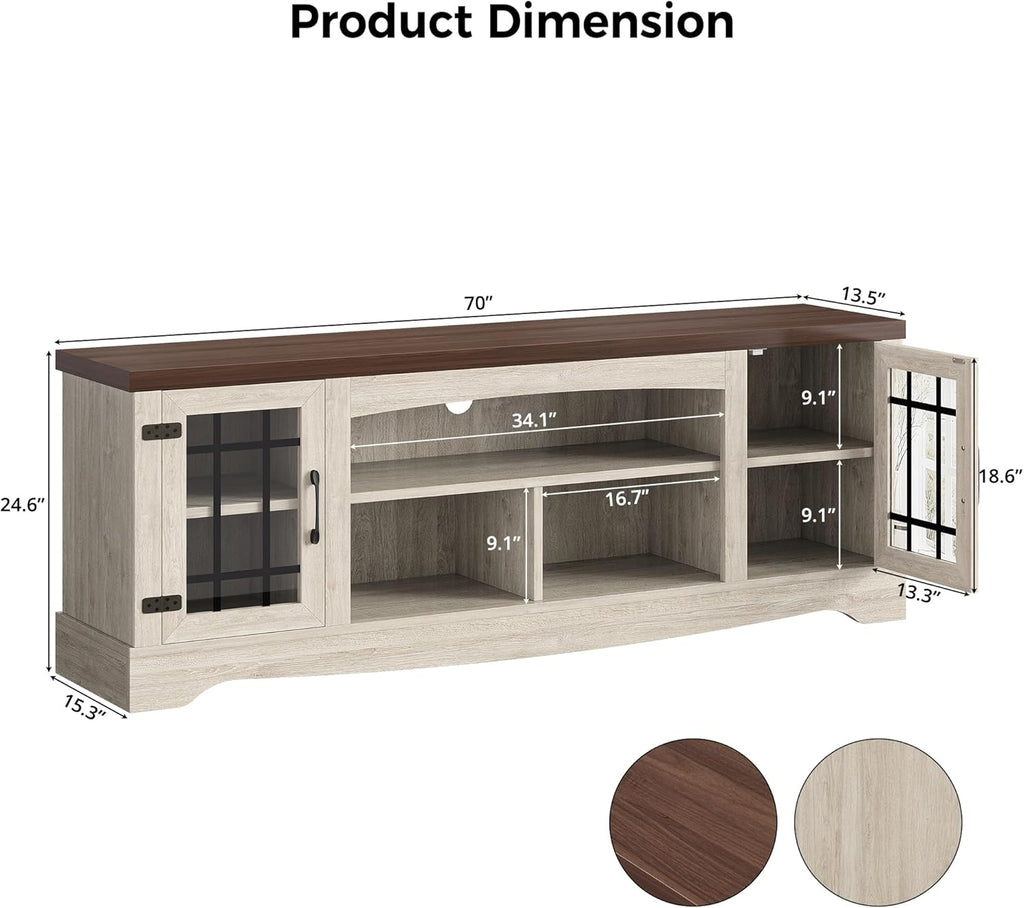 Farmhouse TV Stand for 75 Inch TV, Light Oak & Walnut | 2 Storage Cabinets, Open Shelves, Grid Glass Doors