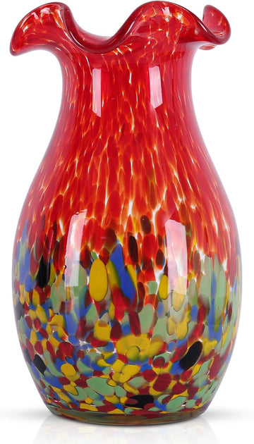 10.6in H Red Hand Blown Glass Vase, Beautiful Wide Mouth Glass Flower Vase