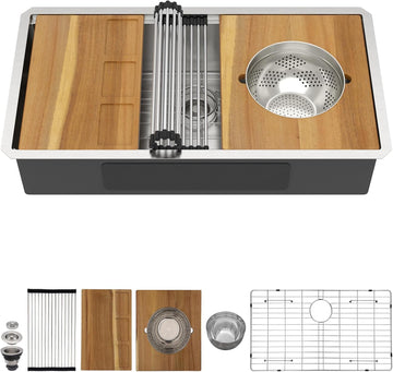 32 Undermount Kitchen Sink 16 Gauge 304 Stainless Steel Single Bowl Multifunctional 32x19 Undermount Workstation Sink