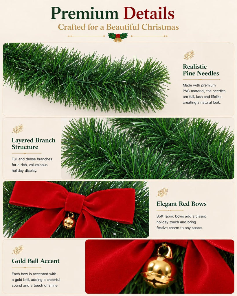 49 FT Christmas Pine Garland, 6.5 FT Velvet Red Bow Garland
